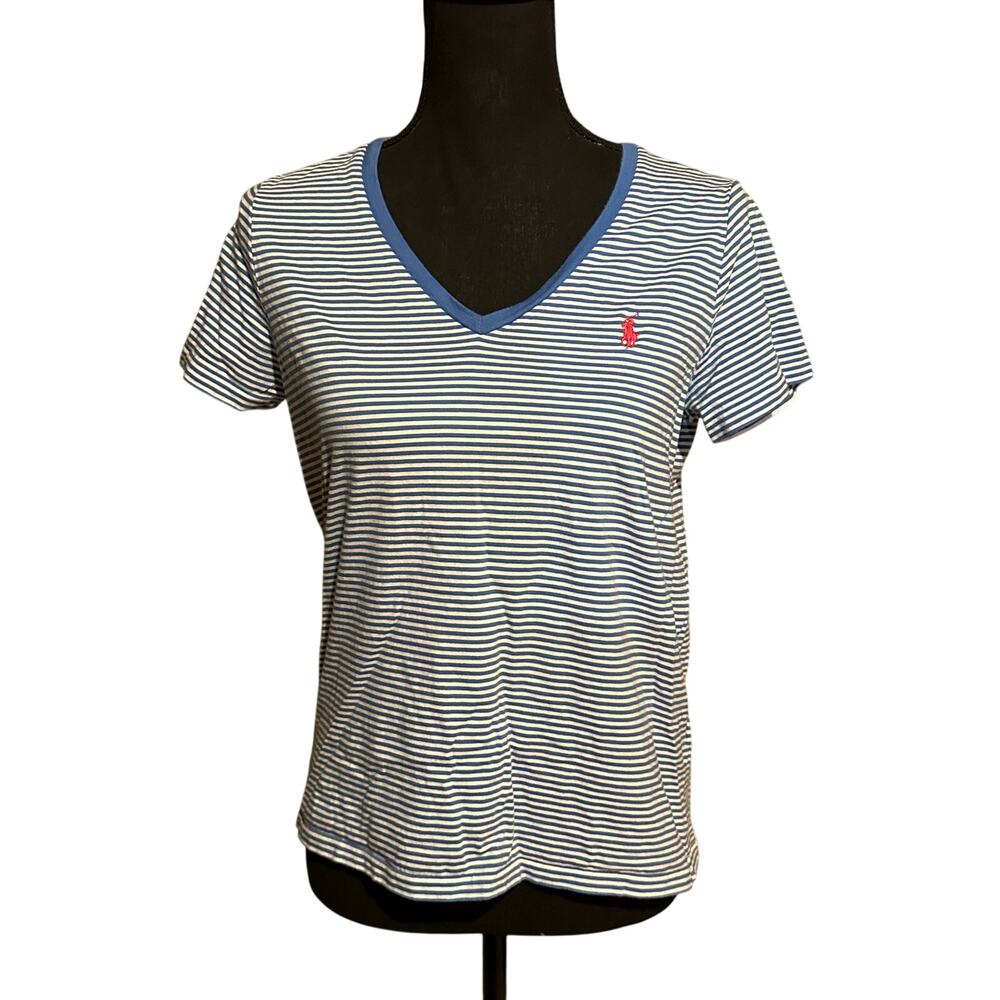 Ralph Lauren Girls Size L 12-14 Blue White Striped V-Neck T-Shirt Pink Pony